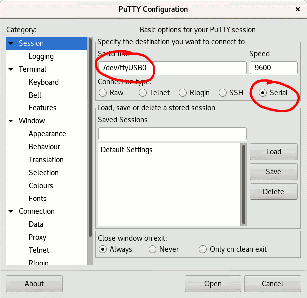 Configurazione PuTTY