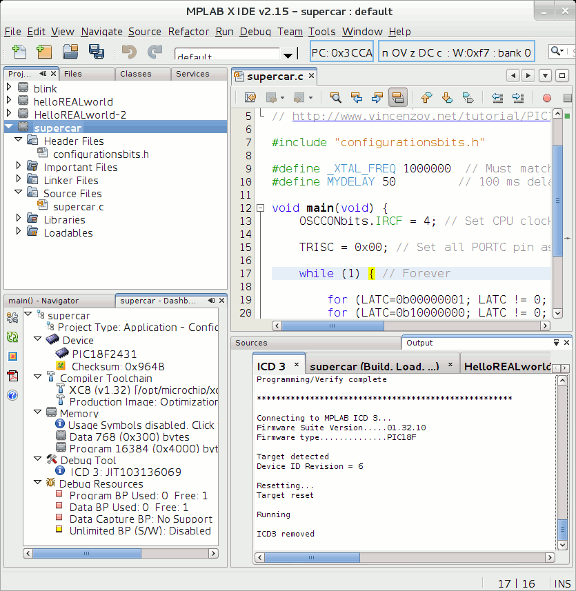 La finestra principale di MPLAB X / Netbeans