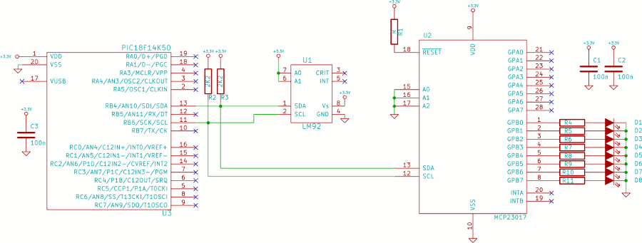 I2C: LM92 e MCP23017 collegati al PIC18
