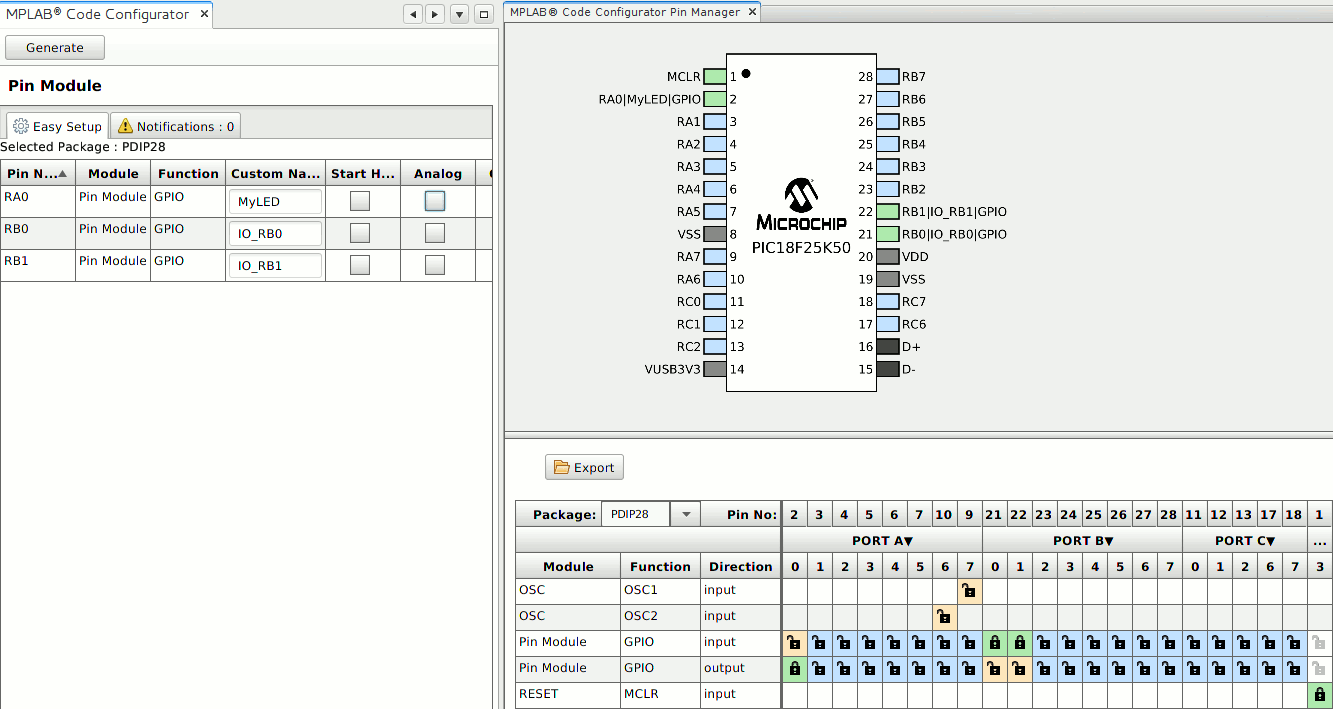 MCC: configurazione dei pin