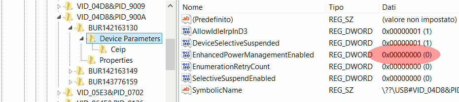 HKEY_LOCAL_MACHINE → SYSTEM →  CurrentControlSet → Enum → USB → VID_04D8&PID_900A → BURxxxxxxxx → Device Parameters → EnhancedPowerManagementEnabled