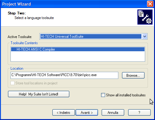 Selezionare il compilatore ANSI C HI-TECH