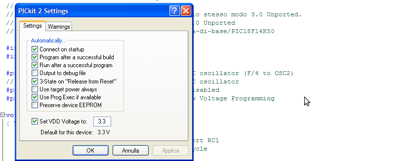 PICkit settings