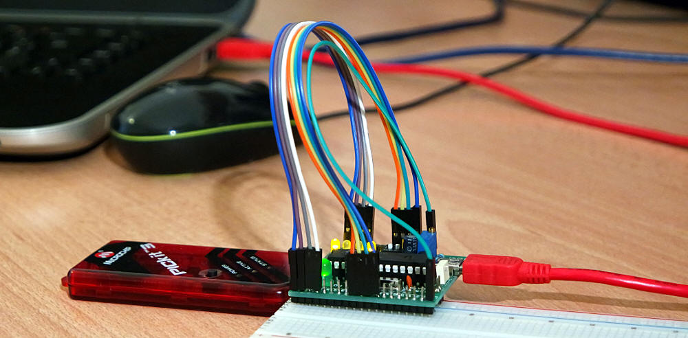 PIC-USB connesso al bus USB, al PICkit e alla breadboard