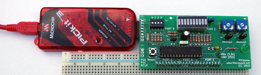 Il circuito stampato inserito in una breadboard
