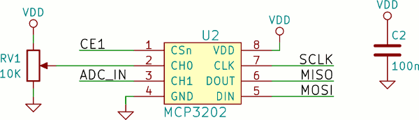 Schema con il collegamentodi MCP3202 a RPi