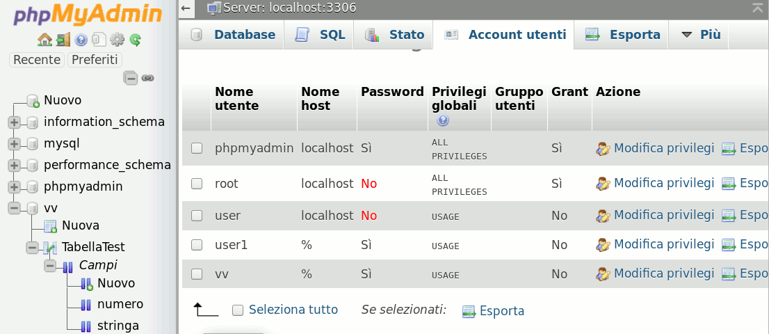 Creare un utente con phpMyAdmin