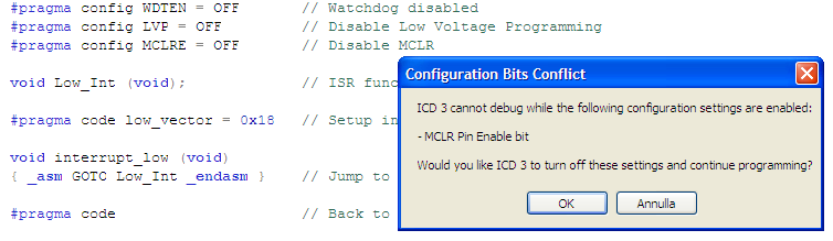 Un bug di MPLAB 8.83? ICD 3 cannot debug while the following setting are enabled: - MCLR Pin Enable bit