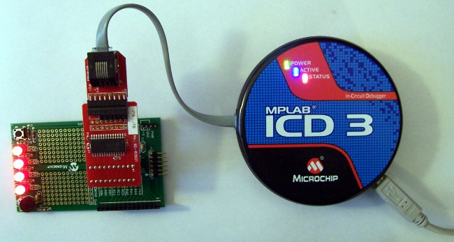Emulatore ICD3 con header per PIC18 su schedine demo Microchip 