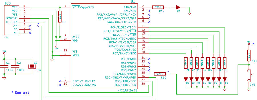 Uno schema dimostrativo con PIC18F2431, LED e pulsante