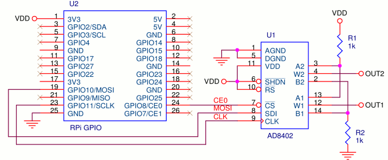 AD8402 connesso a Raspberry Pi