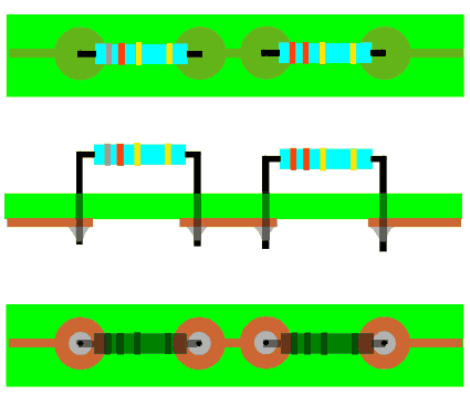 Un circuito stampato a singola faccia: due resistenze in serie